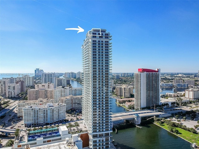 view of city with a water view