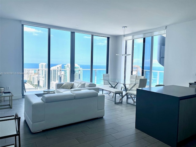 living room featuring a water view, dark hardwood / wood-style flooring, and a wall of windows