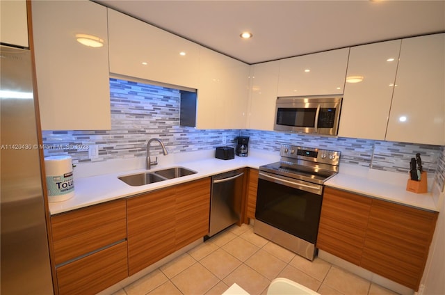 kitchen with backsplash, stainless steel appliances, white cabinetry, and sink