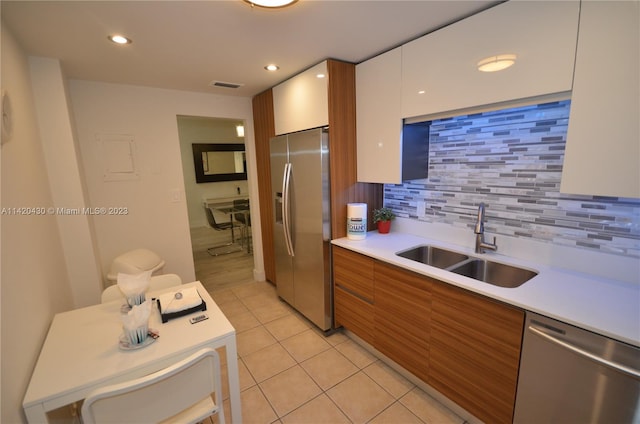 kitchen with white cabinets, backsplash, appliances with stainless steel finishes, and sink