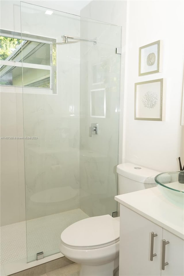 bathroom featuring toilet, vanity, and a shower with shower door