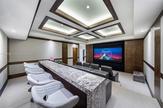 cinema room with light colored carpet