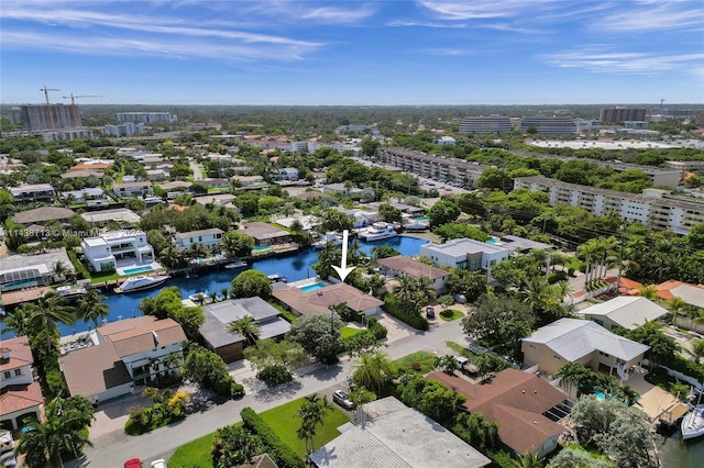 aerial view featuring a water view and a view of city