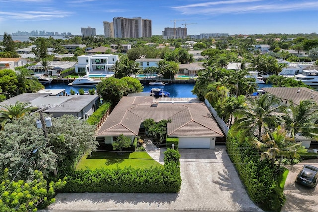 drone / aerial view featuring a water view