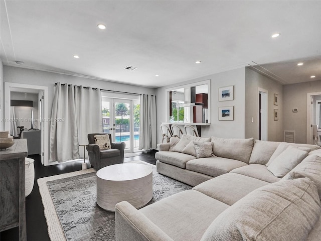 living room with french doors and wood-type flooring