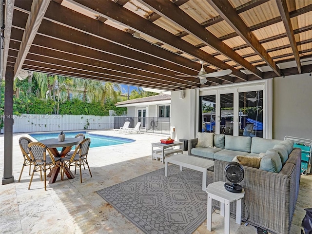 view of patio featuring a fenced in pool and outdoor lounge area