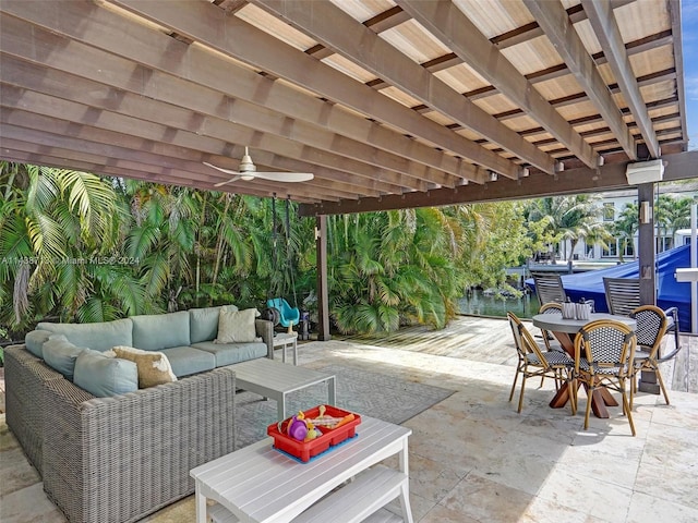 view of patio with a pergola, a swimming pool, outdoor lounge area, and ceiling fan