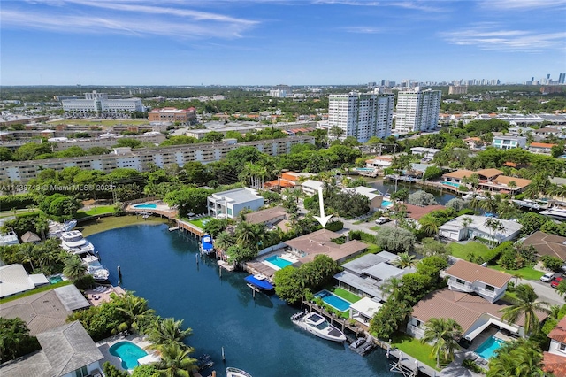 drone / aerial view with a water view