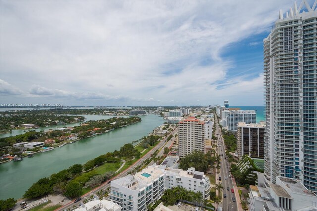 drone / aerial view featuring a water view