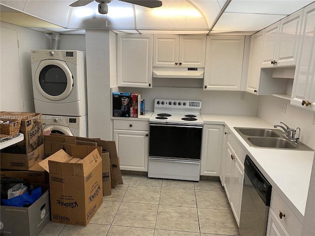 kitchen with sink, ceiling fan, white cabinets, stainless steel dishwasher, and white range with electric cooktop