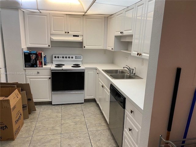 kitchen featuring sink, white cabinets, stainless steel dishwasher, white range with electric cooktop, and light tile flooring