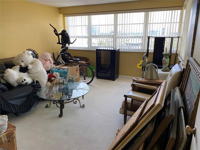 living room with light colored carpet