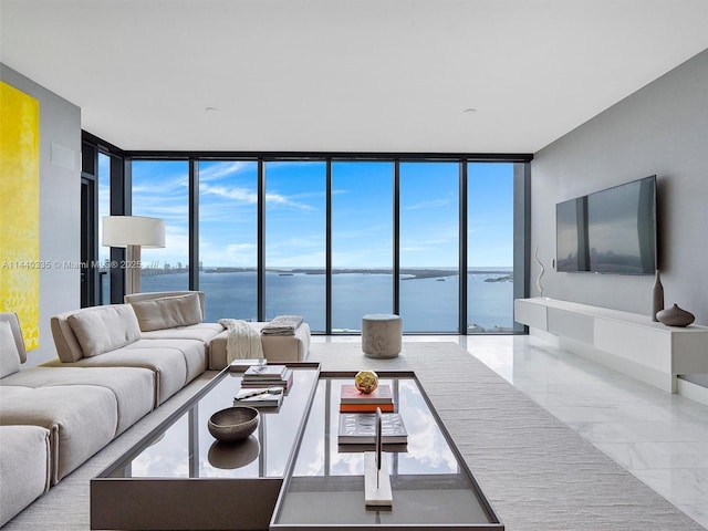 living room with marble finish floor and floor to ceiling windows