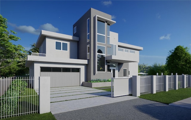 contemporary house with a front lawn, a balcony, and a garage