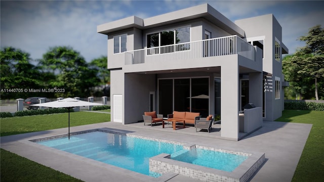 rear view of property featuring a yard, a balcony, an outdoor hangout area, and a patio area