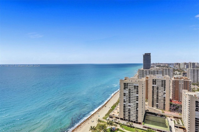 aerial view with a water view and a beach view