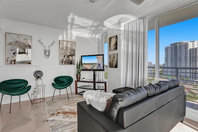 living room featuring light tile flooring