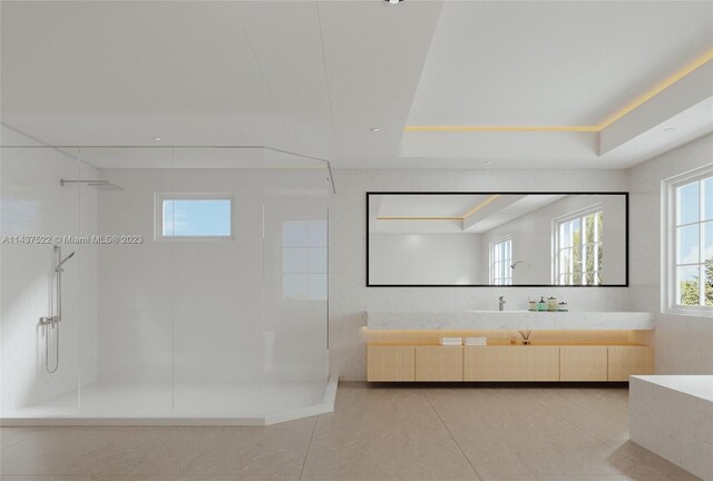 bathroom with vanity, tile flooring, a shower, and a tray ceiling