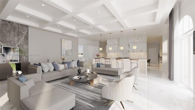 living room featuring coffered ceiling, light tile floors, a towering ceiling, and beamed ceiling