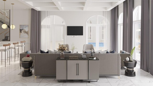 tiled living room with coffered ceiling, beam ceiling, and a chandelier