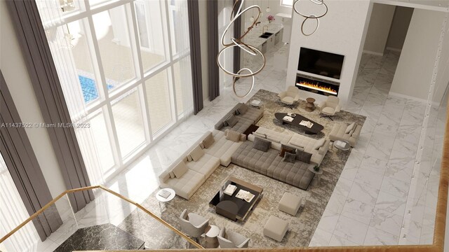 tiled living room featuring sink