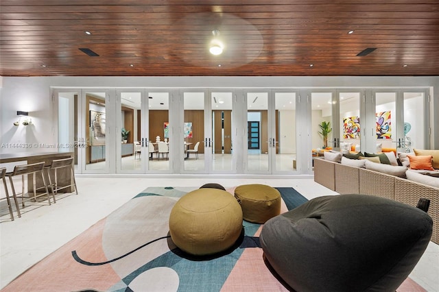 interior space featuring wooden ceiling