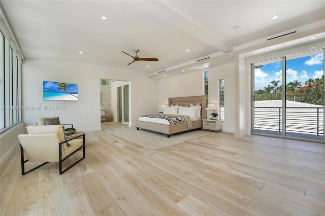 bedroom featuring ceiling fan and light wood-type flooring