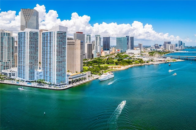 birds eye view of property featuring a water view