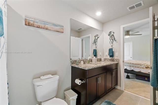 bathroom with toilet, tile flooring, ceiling fan, and vanity