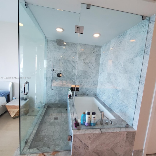 bathroom featuring plus walk in shower