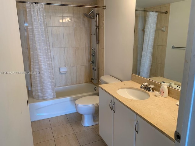 full bathroom featuring shower / tub combo, tile flooring, large vanity, and toilet