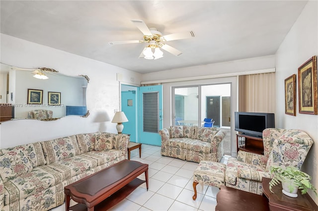 living room featuring ceiling fan and light tile flooring