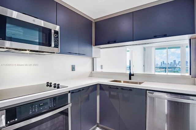 kitchen featuring appliances with stainless steel finishes, sink, and blue cabinetry