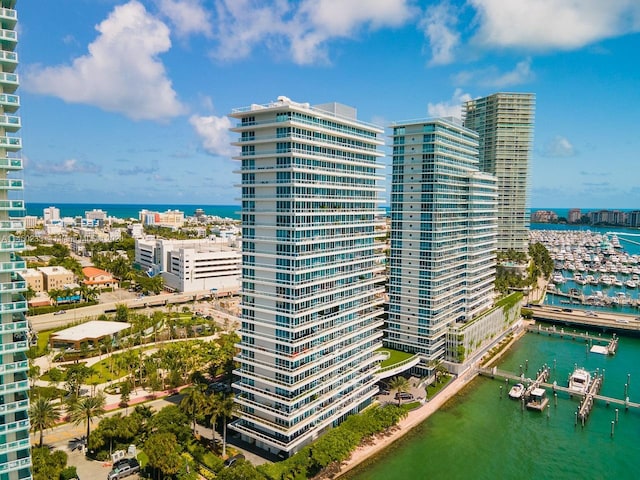 view of building exterior with a water view