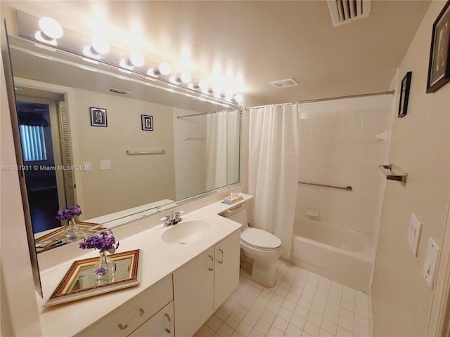 full bathroom featuring tile floors, shower / bath combination with curtain, oversized vanity, and toilet