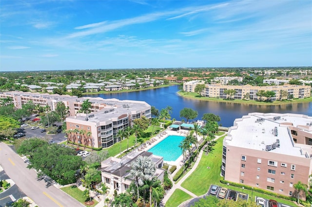 aerial view featuring a water view