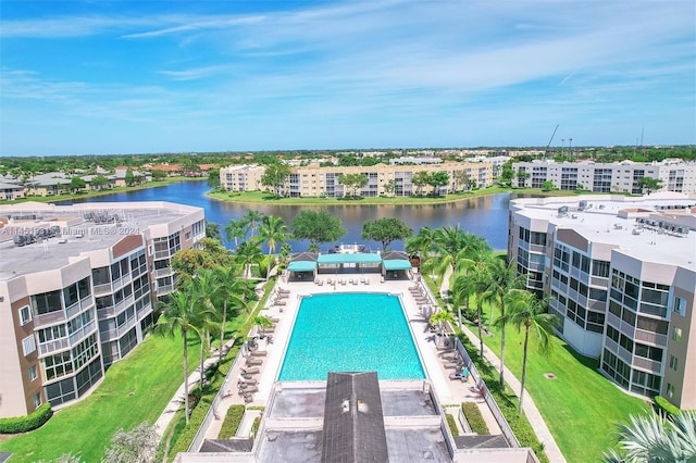 view of pool featuring a water view