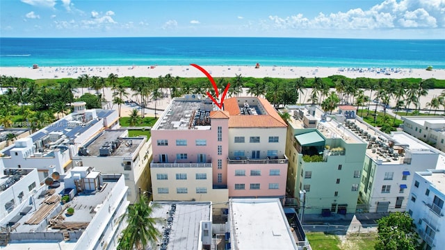 aerial view featuring a beach view and a water view