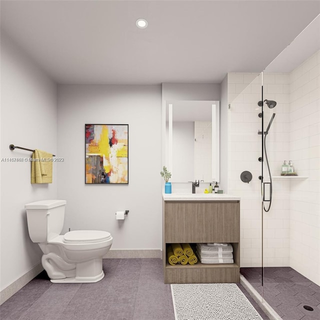 bathroom featuring toilet, vanity, tiled shower, and tile flooring