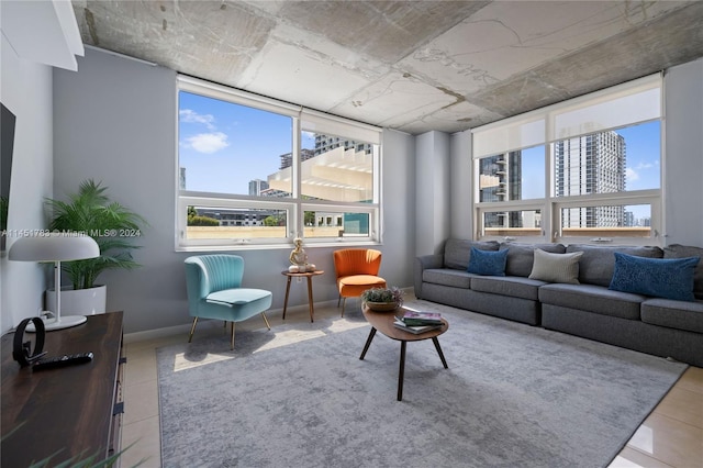 living room featuring light tile patterned floors