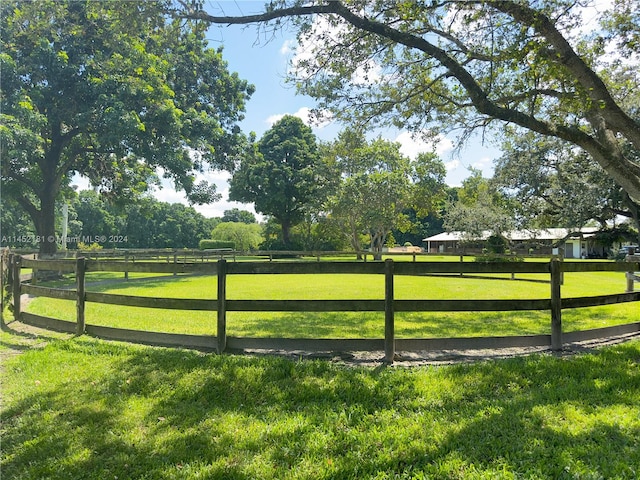 exterior space featuring a rural view and a yard