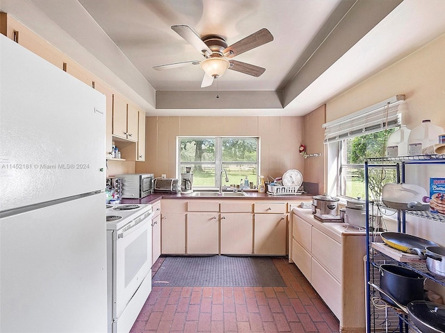 kitchen featuring white appliances, a tray ceiling, ceiling fan, and sink