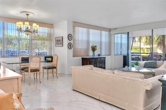 tiled living room with a chandelier