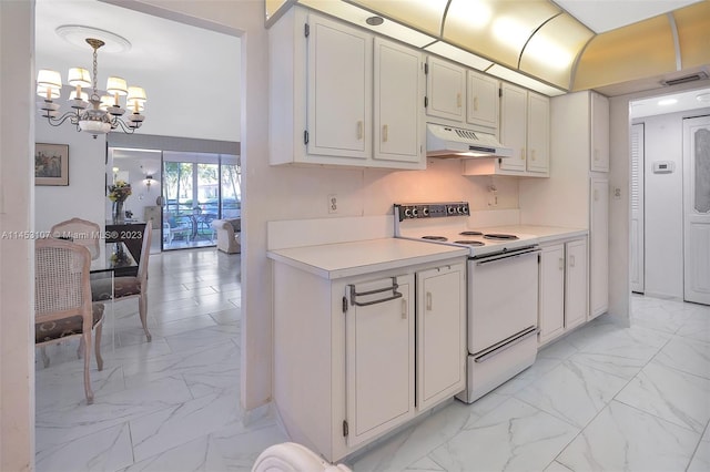 kitchen with a notable chandelier, light tile floors, white electric range oven, and white cabinetry