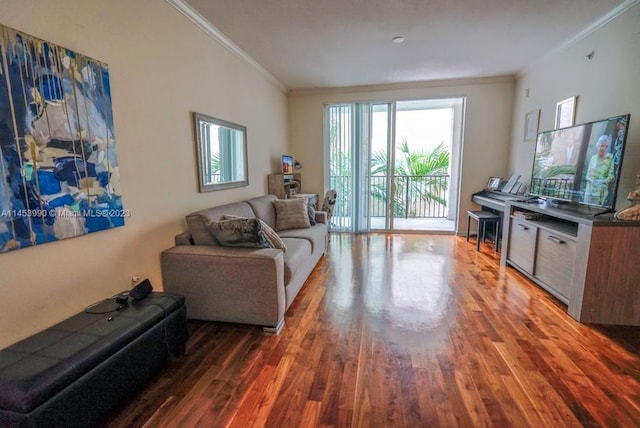 living room featuring crown molding and dark hardwood / wood-style floors