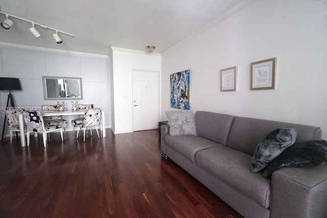 living room featuring track lighting and dark wood-type flooring