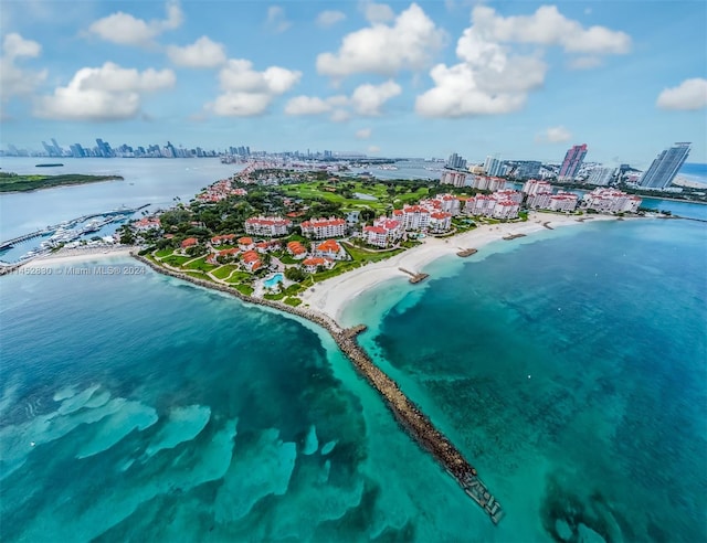 bird's eye view featuring a view of the beach and a water view