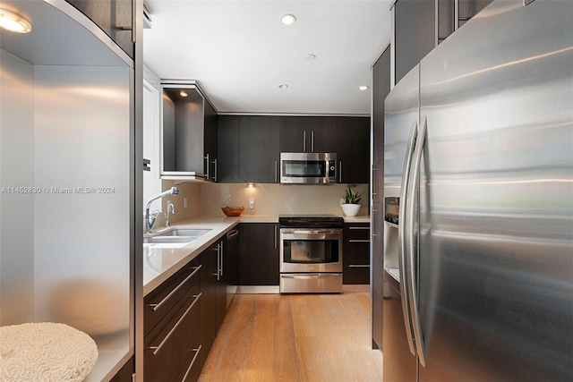 kitchen featuring sink, backsplash, light hardwood / wood-style flooring, and stainless steel appliances