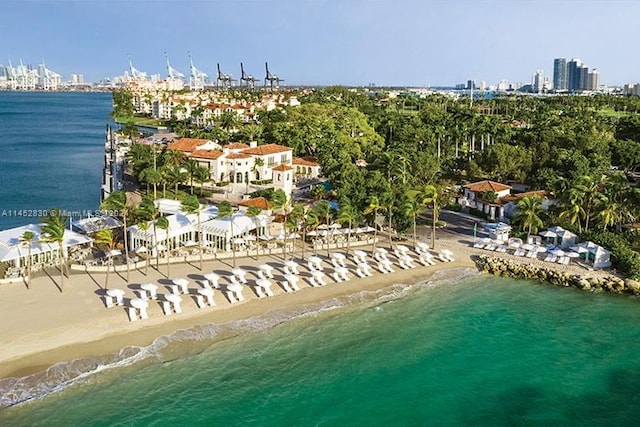 bird's eye view with a view of the beach and a water view