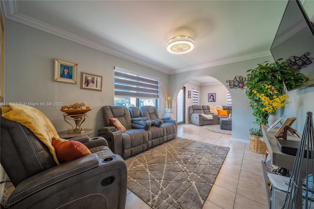 tiled living room featuring crown molding